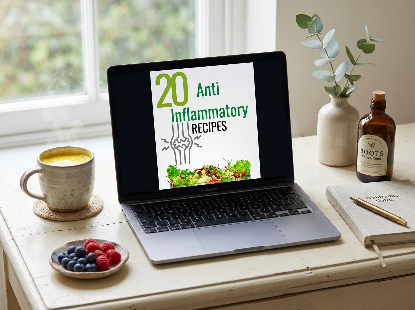 20 Anti-Inflammatory Recipes ebook open on wellness workspace