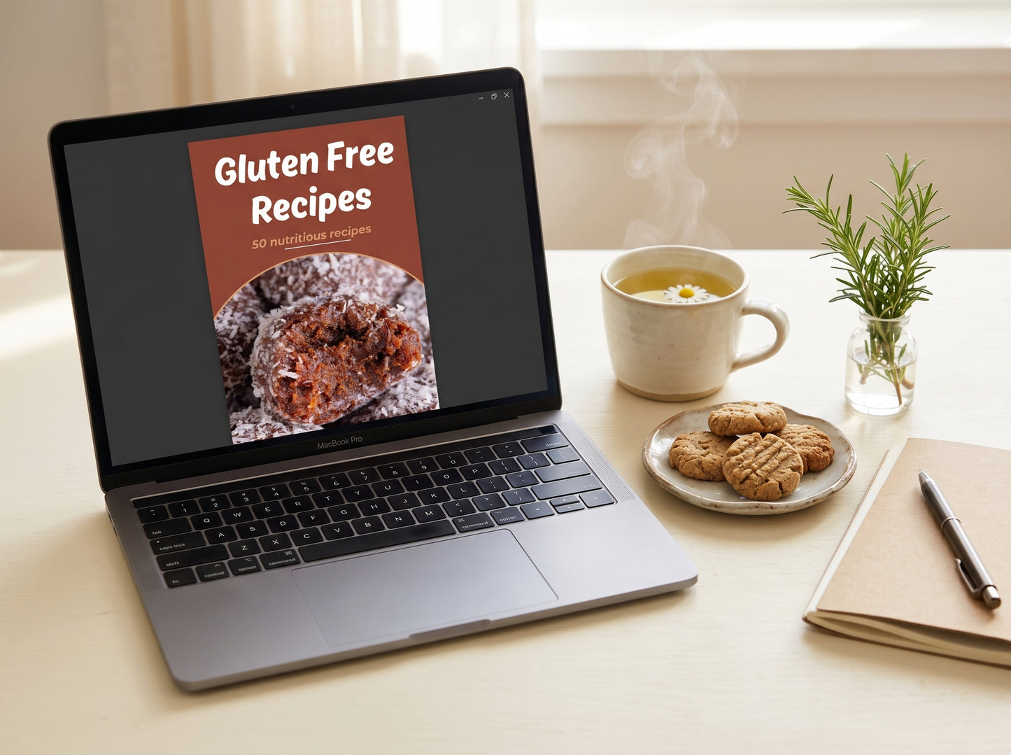 50 Gluten Free Recipes ebook open on laptop workspace