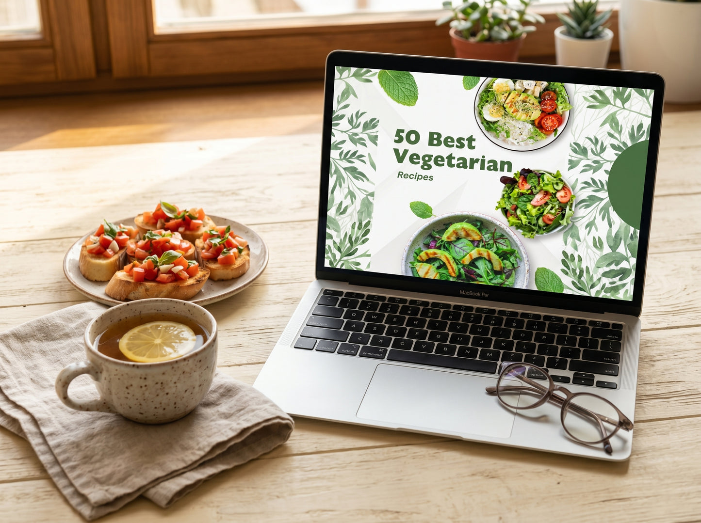 50 Vegetarian Recipes ebook open on laptop desk