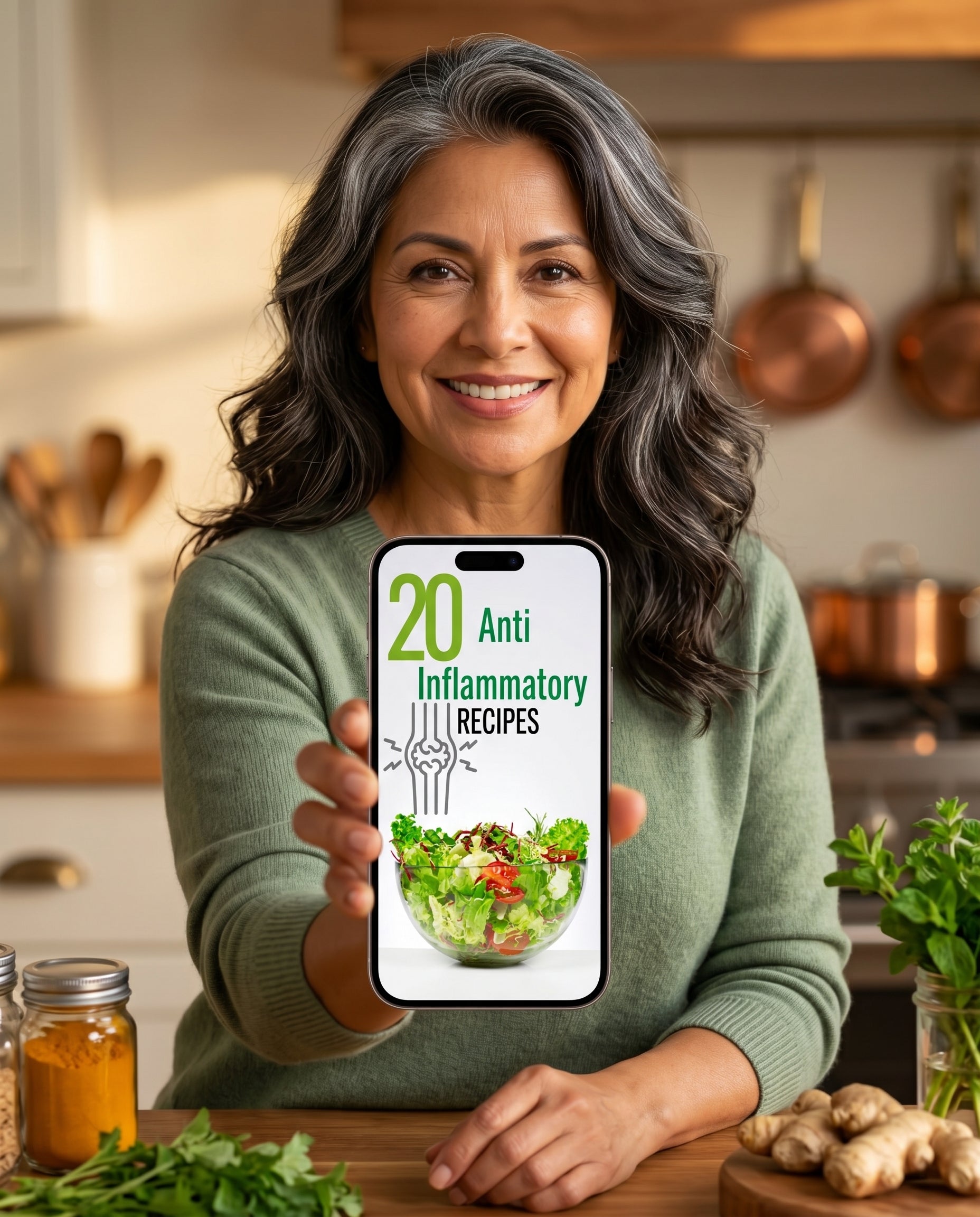 Woman holding phone displaying 20 Anti-Inflammatory Recipes ebook