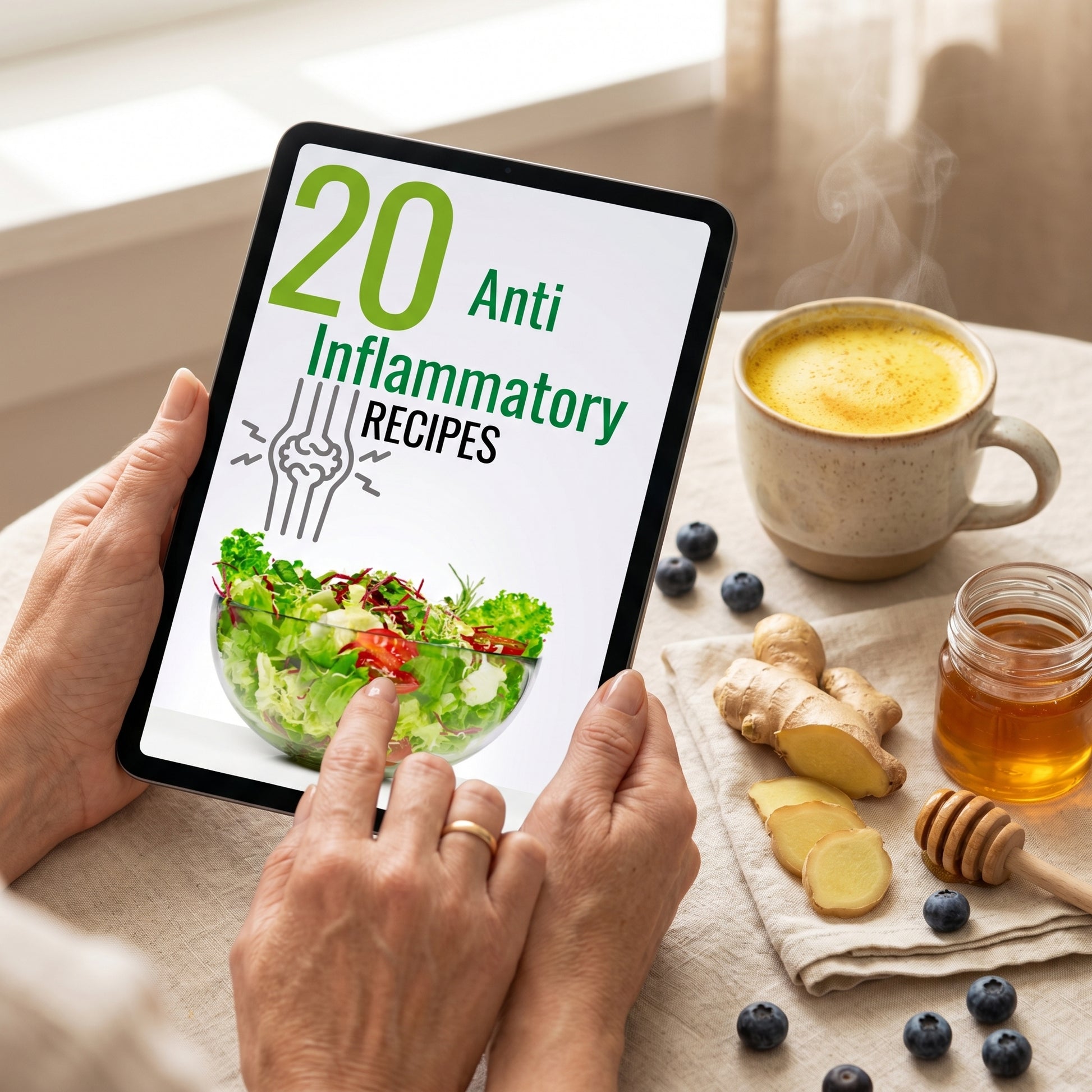 Hands holding tablet with anti-inflammatory recipes and golden latte