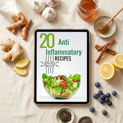 Anti-inflammatory ebook on tablet with turmeric, ginger, and berries