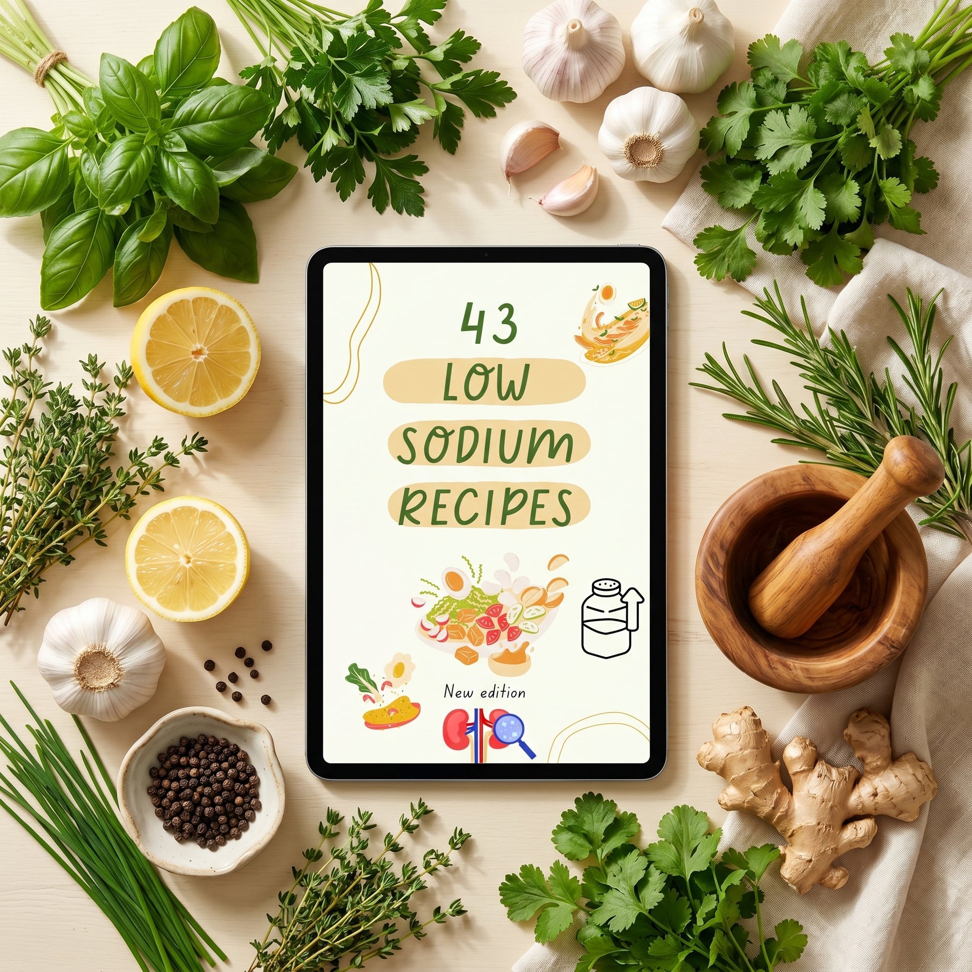 Low sodium ebook on tablet with abundant fresh herbs and lemons