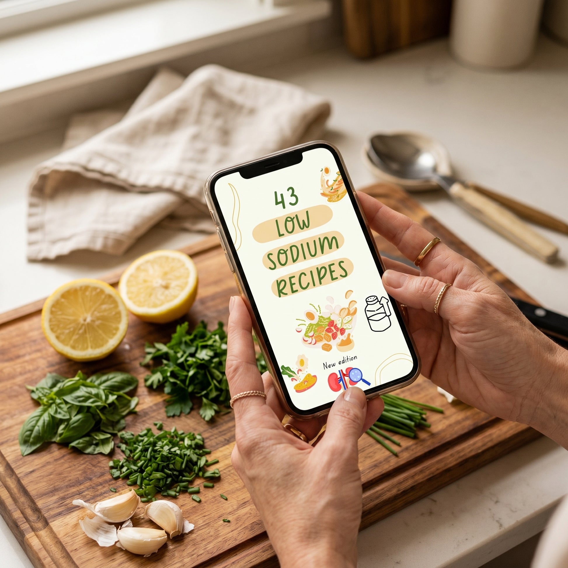 Hands holding phone with low sodium recipes and fresh herbs