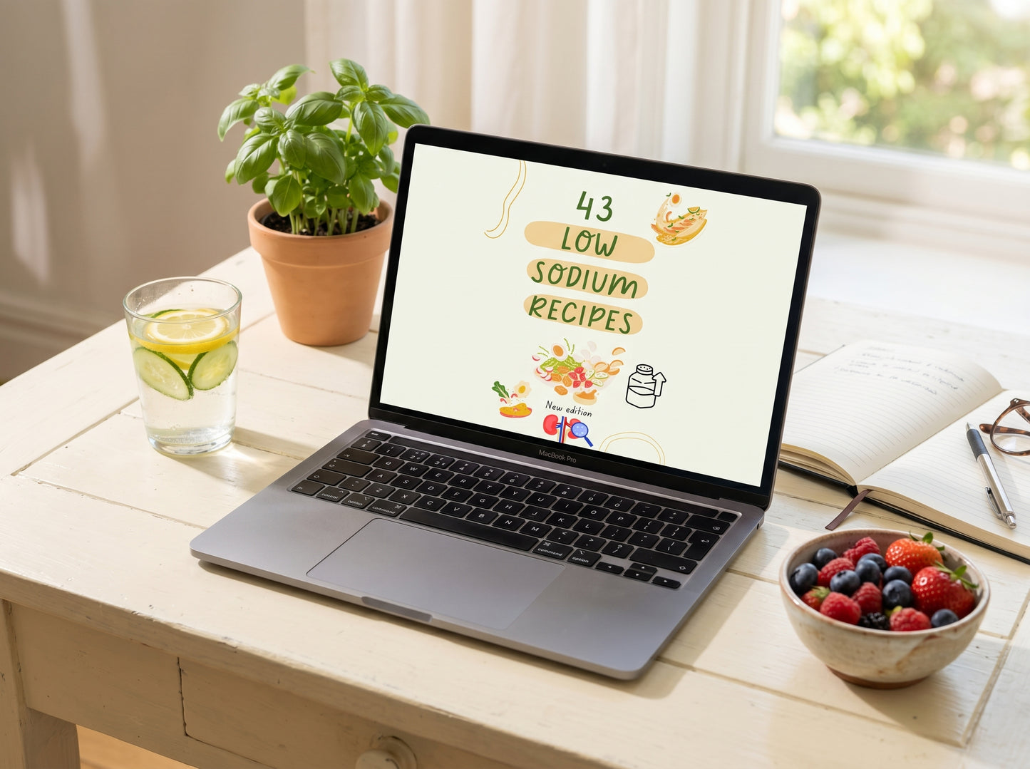 43 Low Sodium Recipes ebook open on heart-healthy workspace