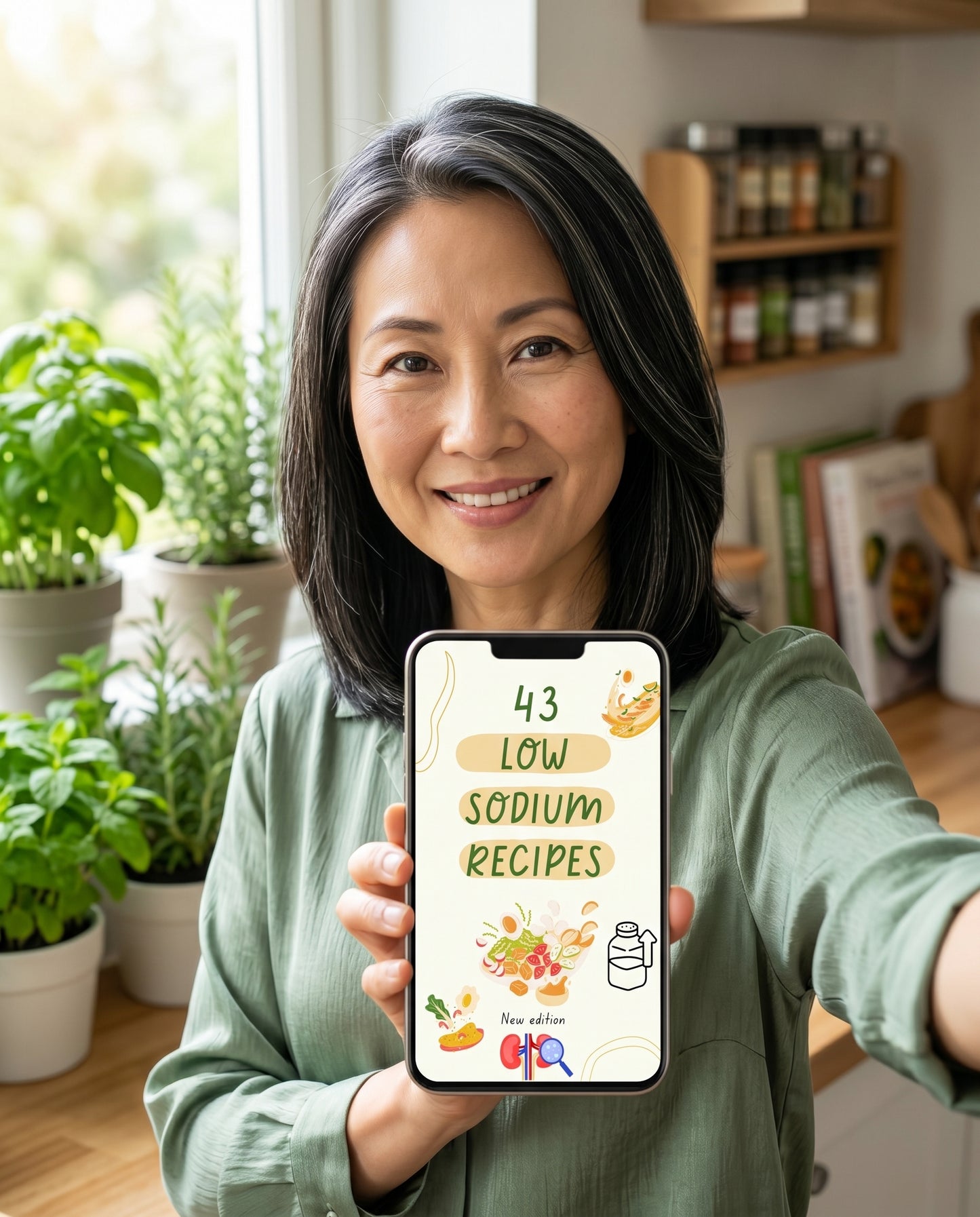 Woman holding phone displaying 43 Low Sodium Recipes ebook