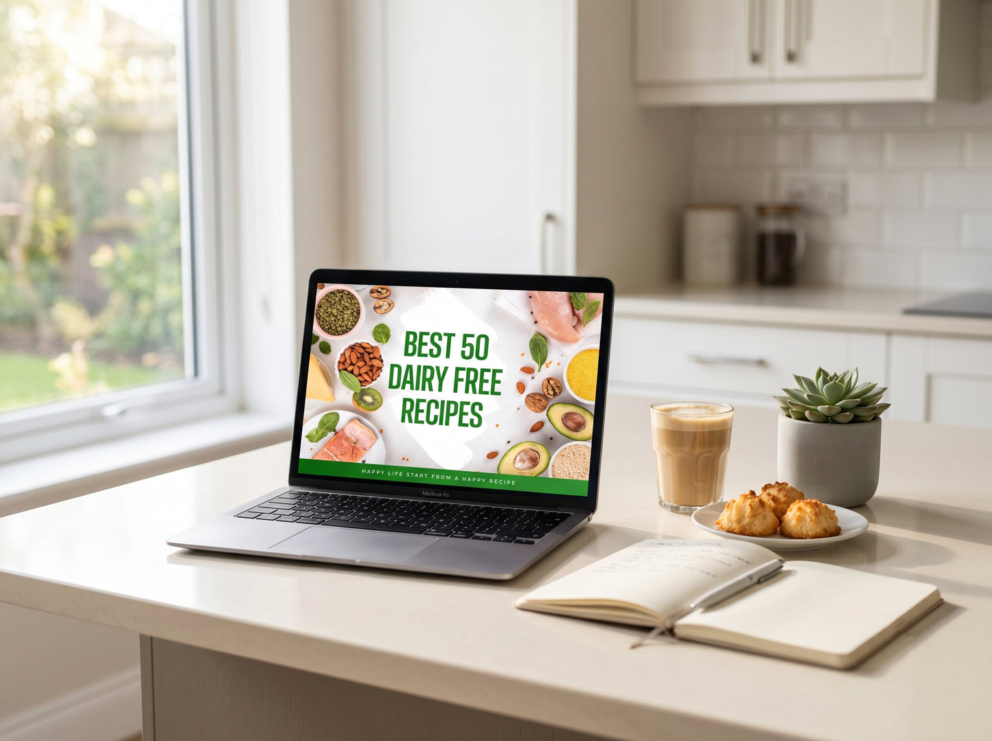 50 Dairy Free Recipes ebook open on bright kitchen workspace