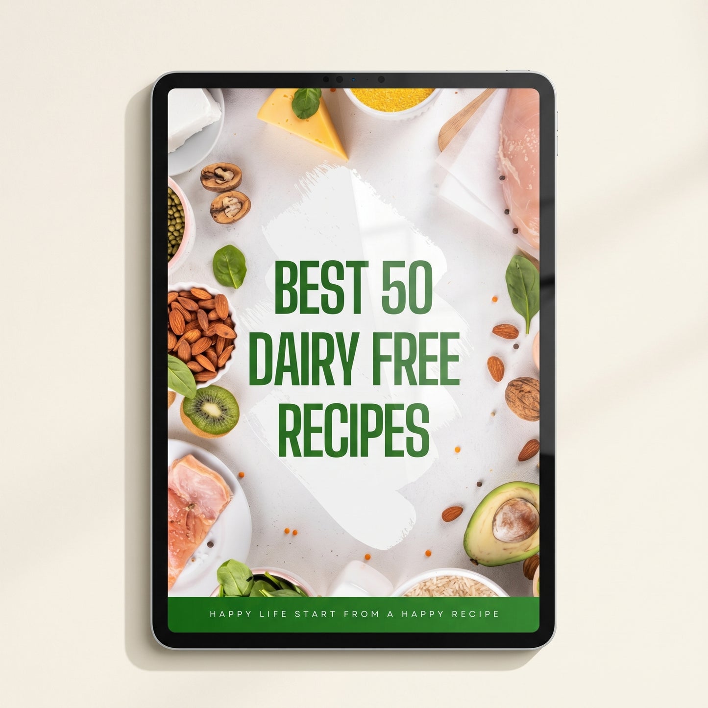 50 Dairy Free Recipes digital ebook cover displayed on tablet