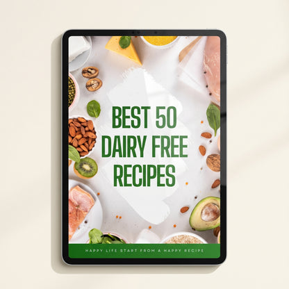 50 Dairy Free Recipes digital ebook cover displayed on tablet