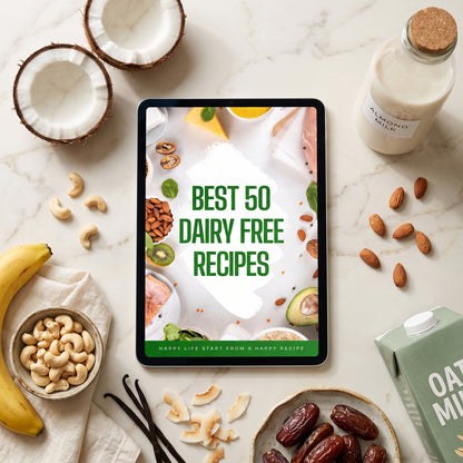 Dairy free ebook on tablet in kitchen with coconut and almond milk