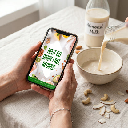 Hands holding tablet with dairy free recipes ebook cover