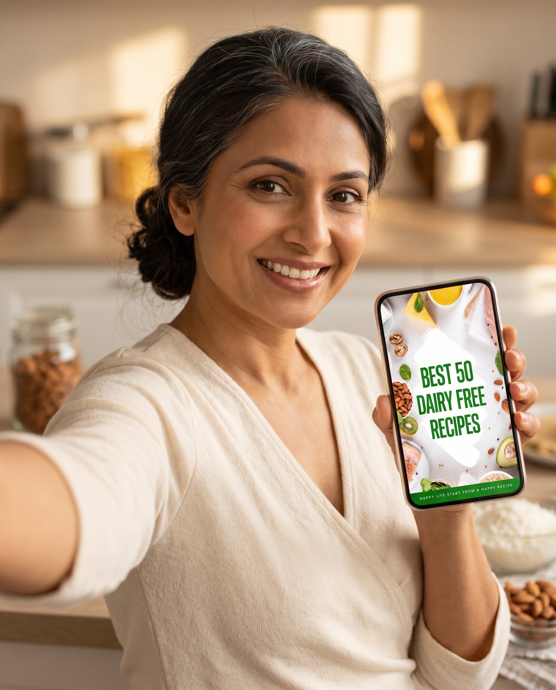 Woman holding phone displaying 50 Dairy Free Recipes ebook