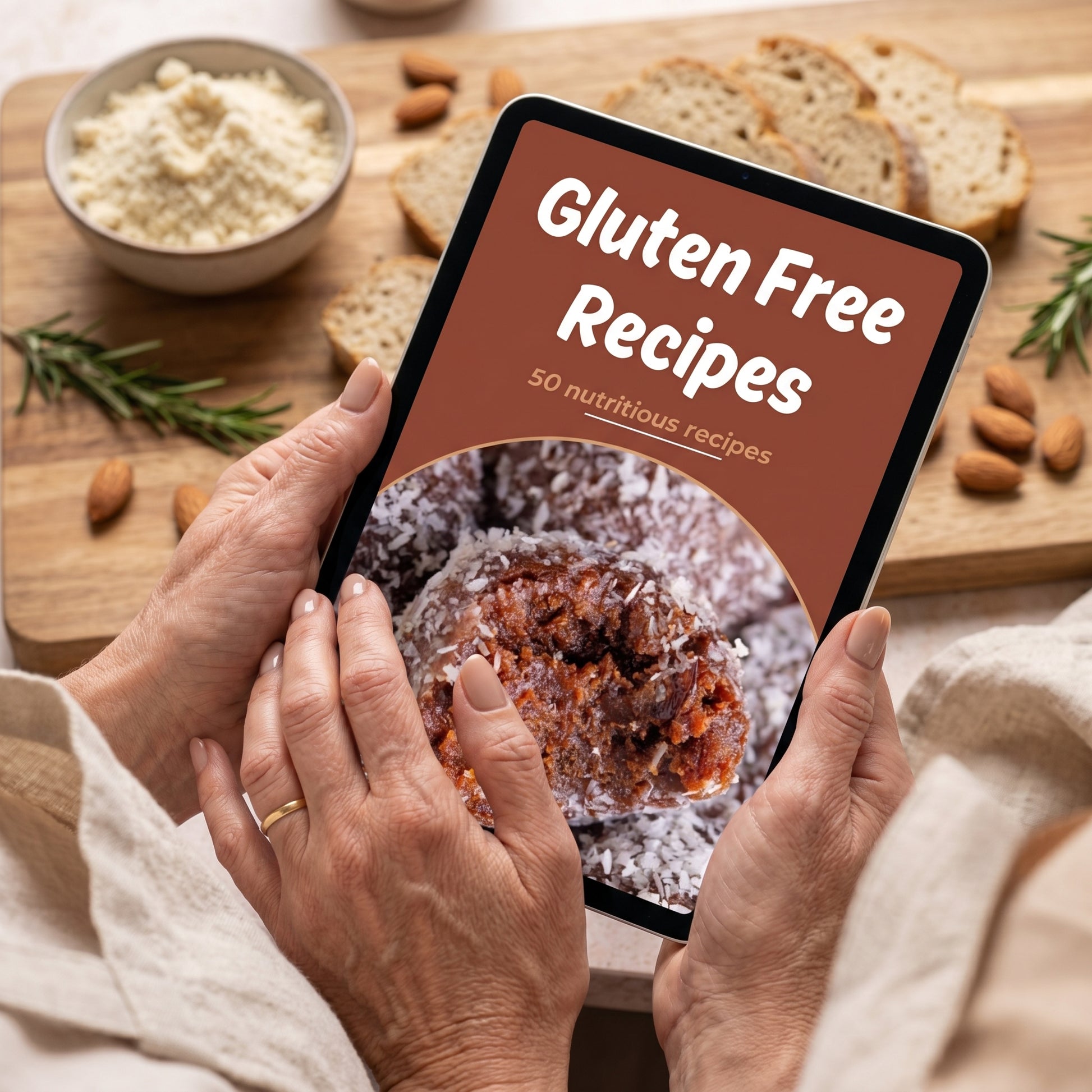Hands holding tablet with gluten free recipes ebook cover