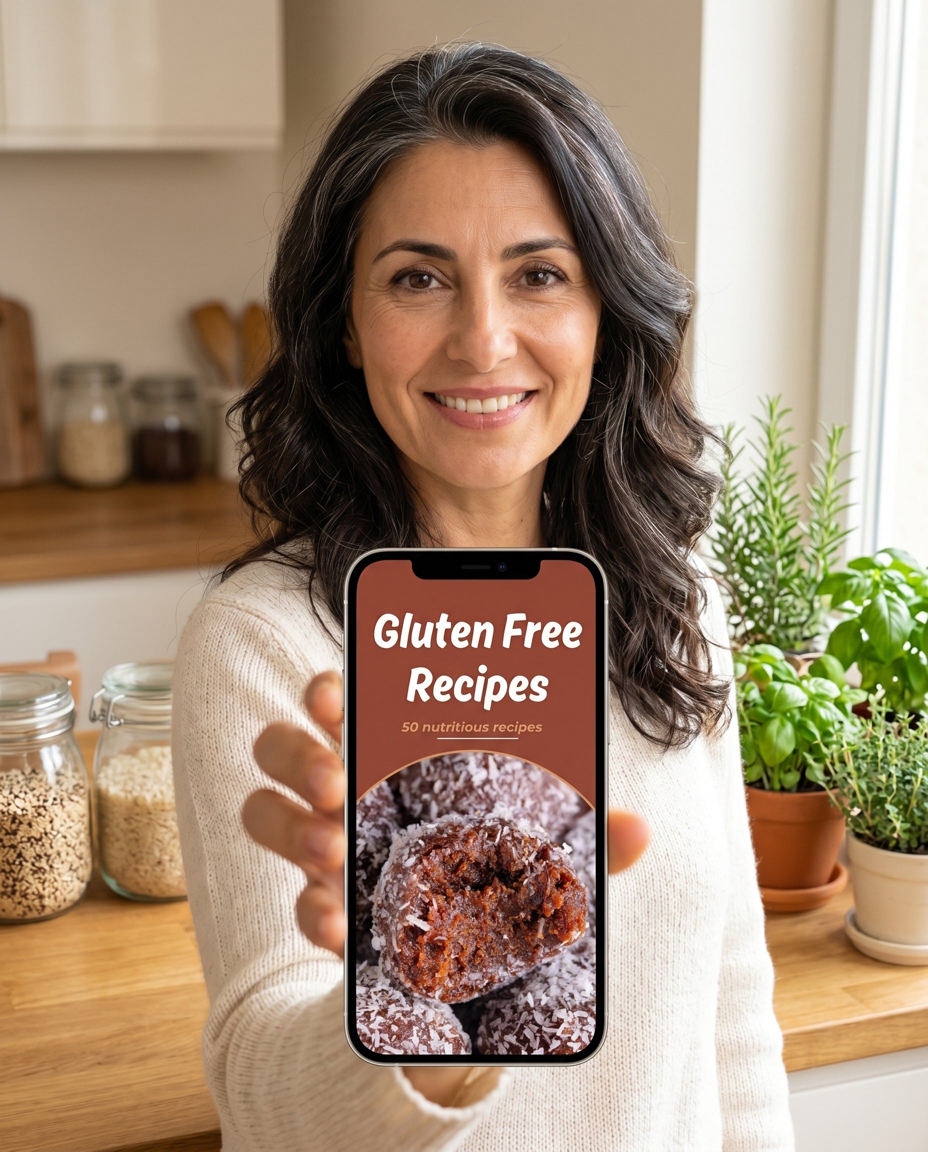 Woman holding phone displaying 50 Gluten Free Recipes ebook