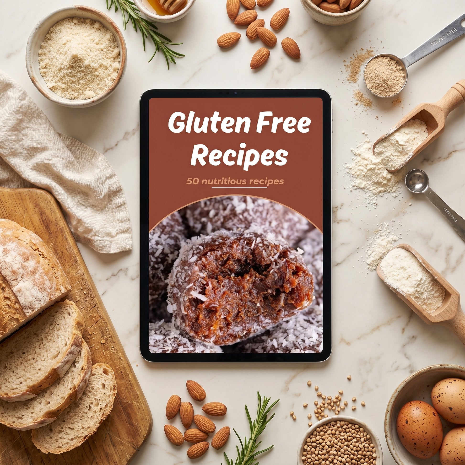 Gluten free ebook on tablet in kitchen with almond flour and fresh rosemary