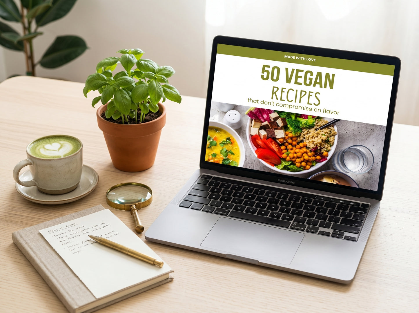 50 Vegan Recipes ebook open on laptop workspace