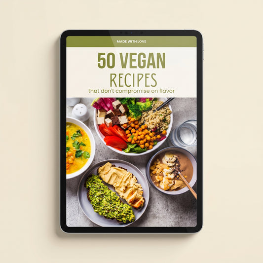 50 Vegan Recipes digital ebook cover displayed on iPad tablet