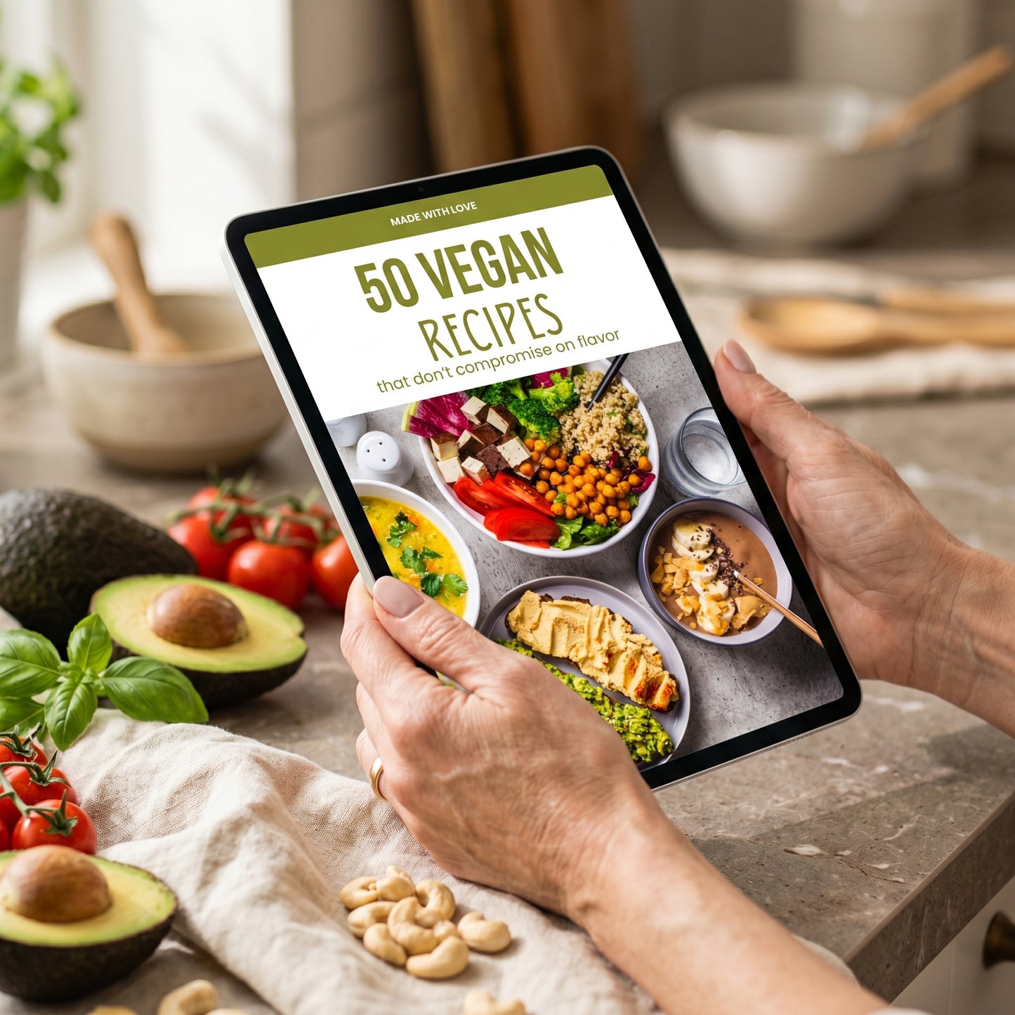 Hands holding tablet with vegan recipes ebook cover