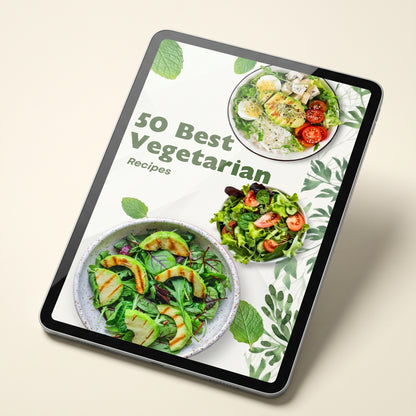 50 Vegetarian Recipes digital ebook cover displayed on tablet