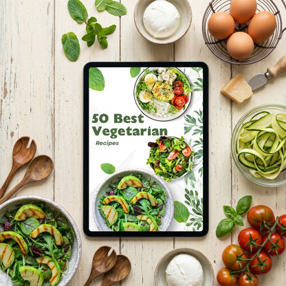 Vegetarian ebook on tablet in kitchen with fresh mozzarella and basil