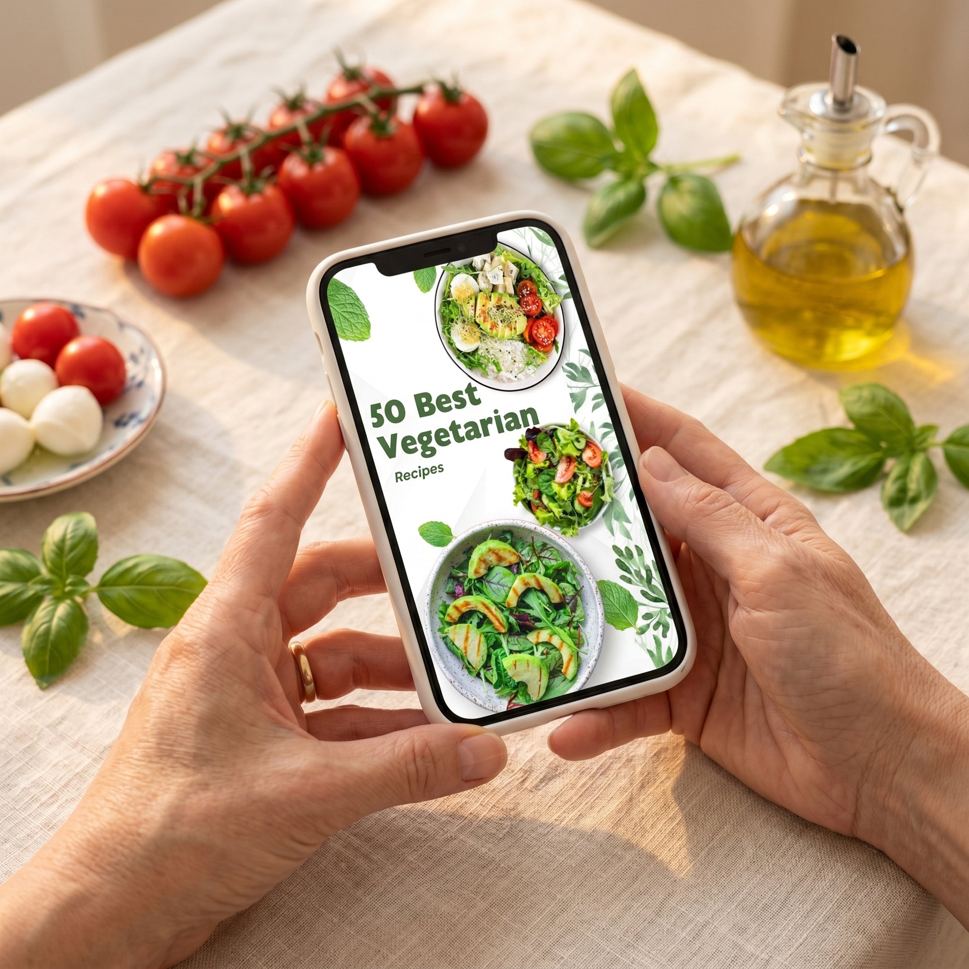 Hands holding tablet with vegetarian recipes ebook cover